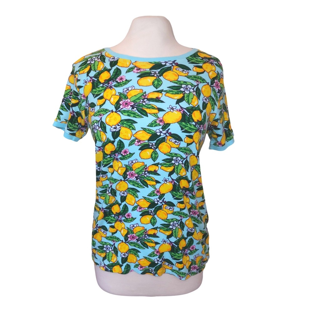 Vera Bradley Pajama Shirt Blue Yellow Lemon Grove Floral Ribbed Cotton Tee M